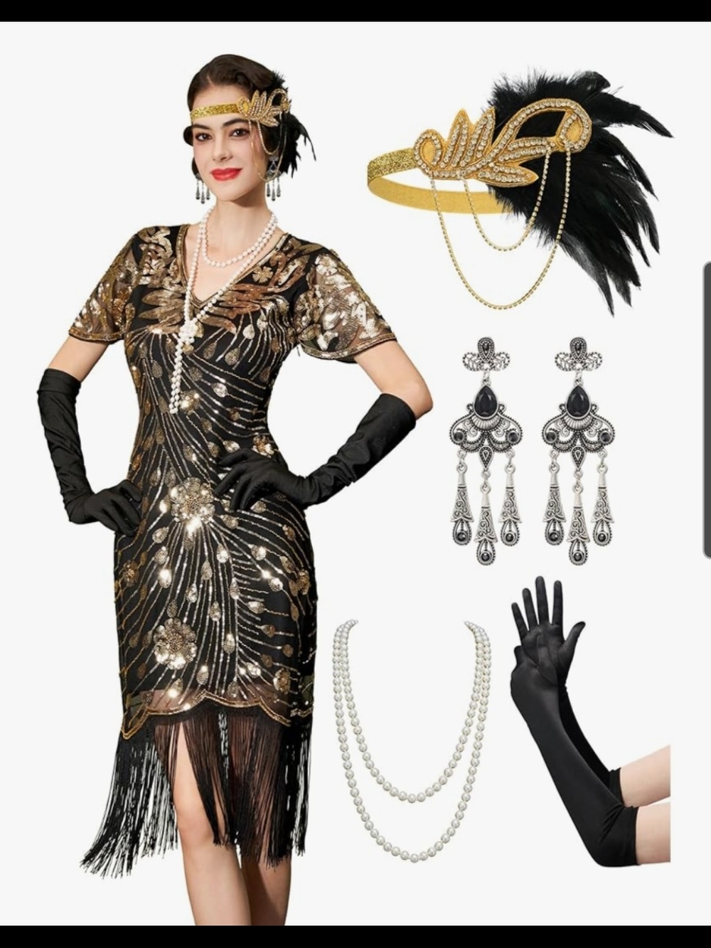 Vintage-Inspired Black & Gold Sequin Fringe Midi Dress Size XL